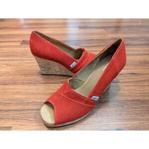TOMS Peep Toe Wedge Heels Size 8.5 Red Cork Platform Minimalist Comfort Heel